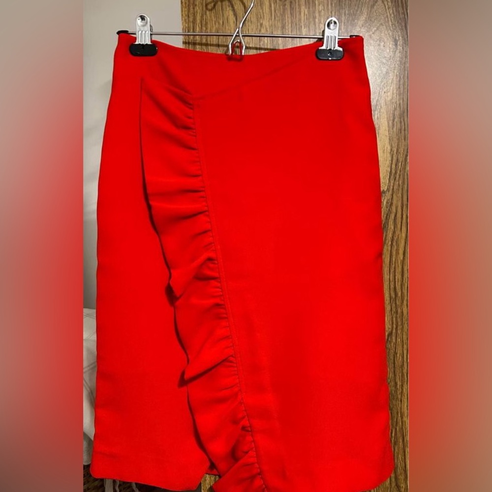 Simons Bright Red Diagonal-Ruffle Skirt